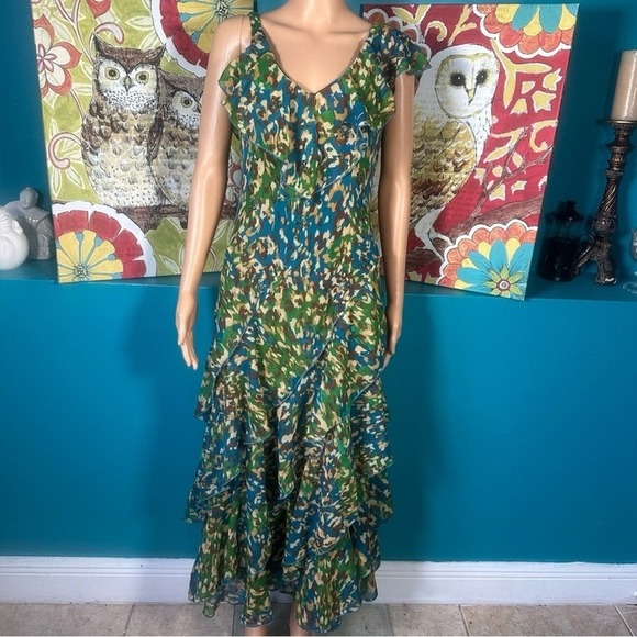 Robbie Bee Dresses & Skirts - Robbie Bee Maxi Dress Women's Size 8 Ruffle Green Blue Abstract Print Tiered
